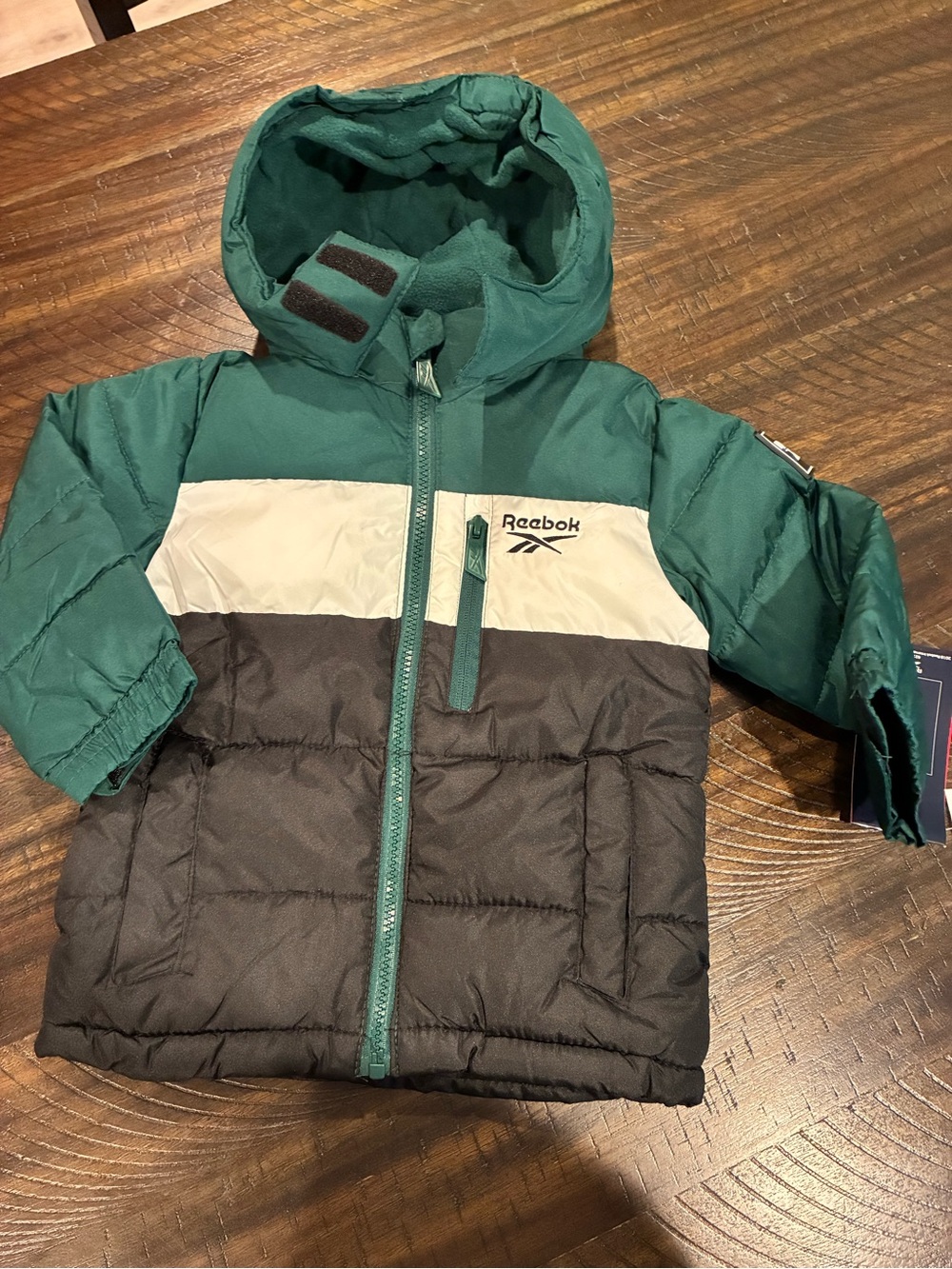 Reebok Green Black and White Colorblock Puffer Jacket - Kids